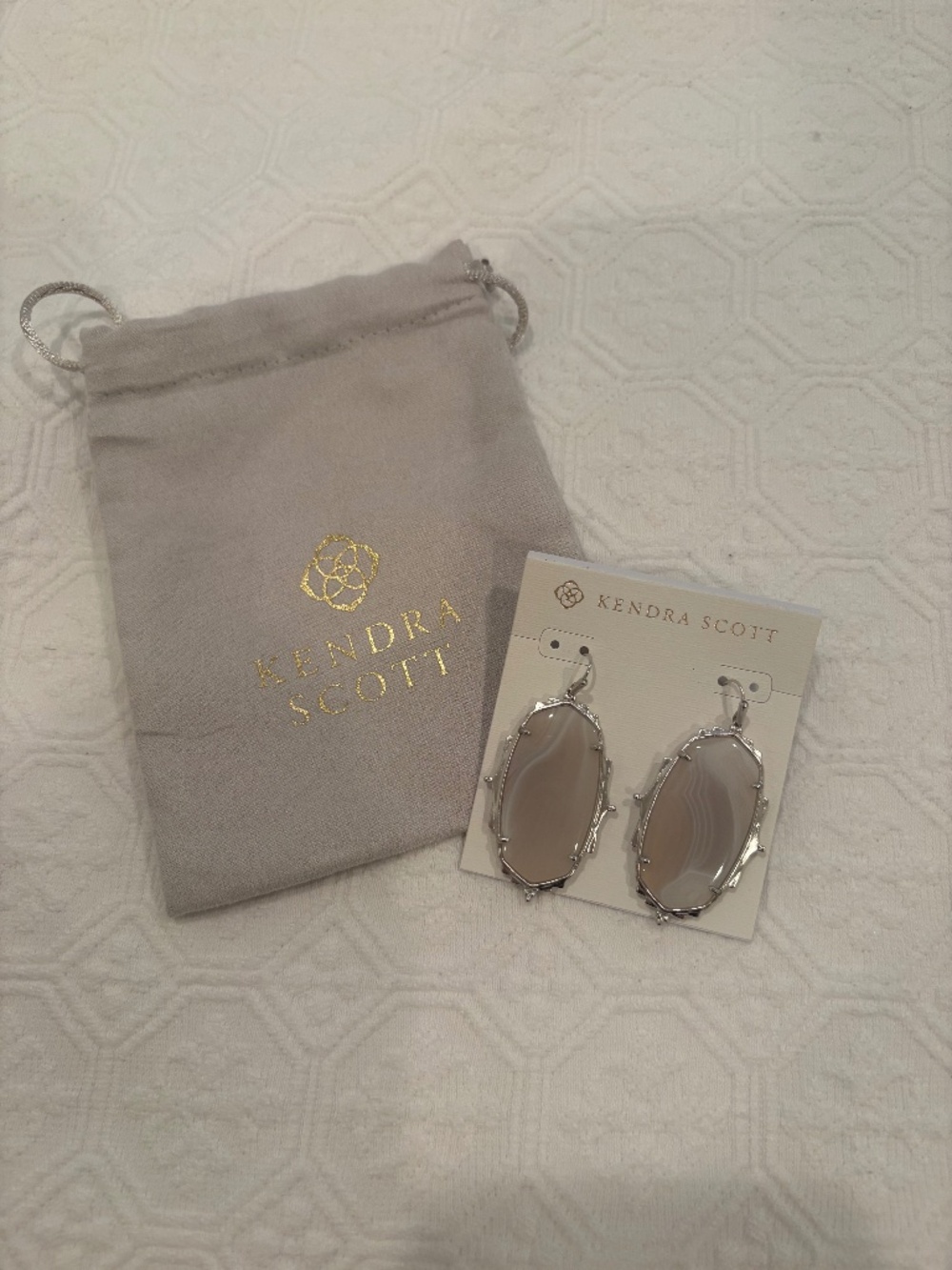 Kendra Scott Baroque Ella Silver Drop Earrings Gray Banded Agate NWOT